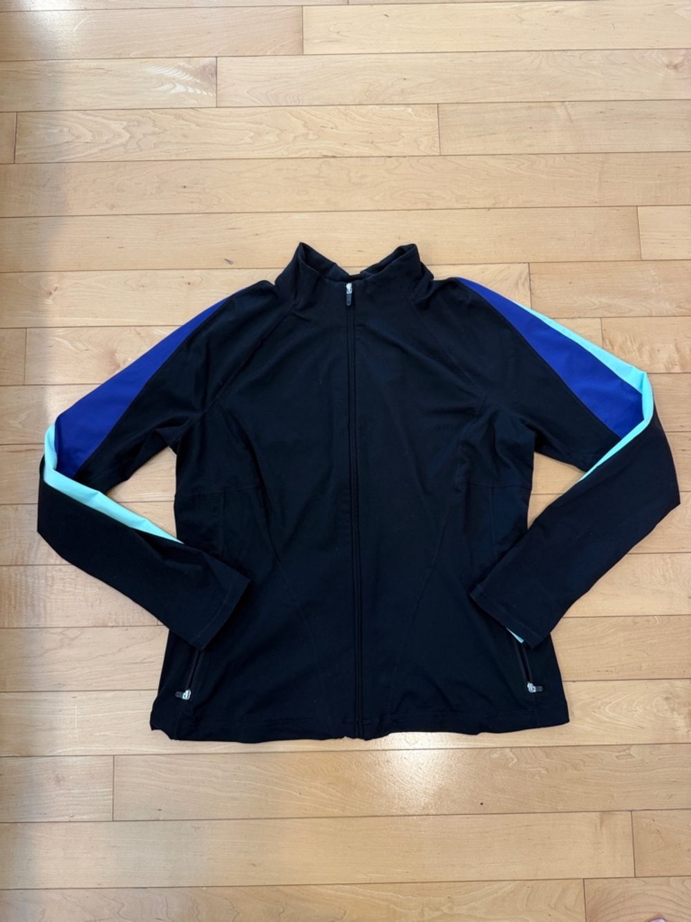 Women's Black Workout Jacket with Blue and Aqua Sleeve Stripes